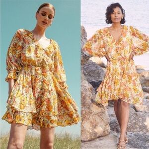 Cleobella Audrey Floral Mini Dress Size Large Yellow Pink orange floral NO BELT